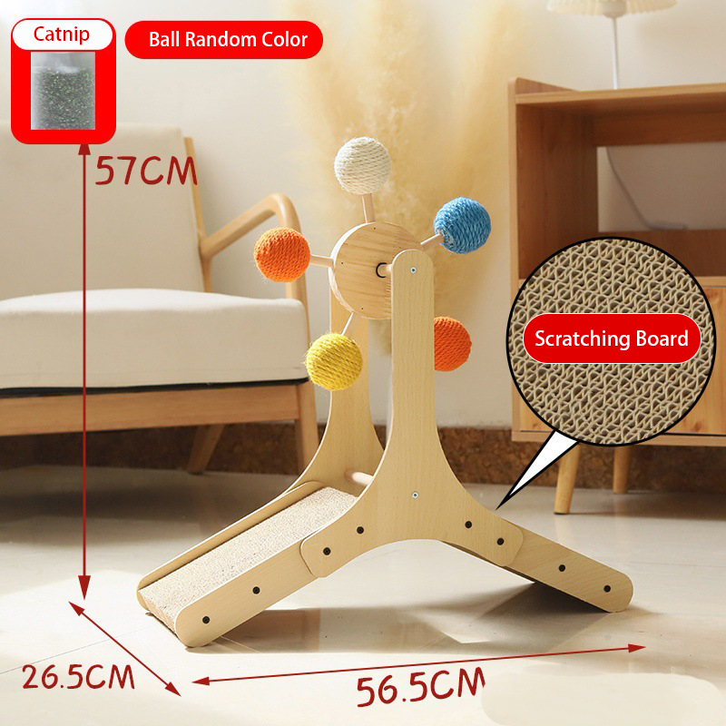 Wooden Ferris Wheel Cat Toy – Natural Sisal Balls, Spinning Scratch Pole, Catnip Ready