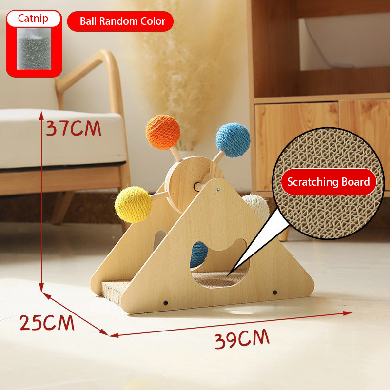 Wooden Ferris Wheel Cat Toy – Natural Sisal Balls, Spinning Scratch Pole, Catnip Ready