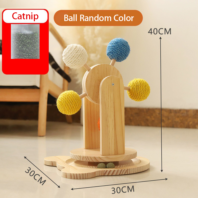 Wooden Ferris Wheel Cat Toy – Natural Sisal Balls, Spinning Scratch Pole, Catnip Ready